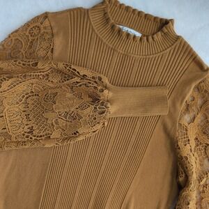 Siani Milano Mustard Yellow Ribbed Knit Sweater Crochet Lace Balloon Sleeve L